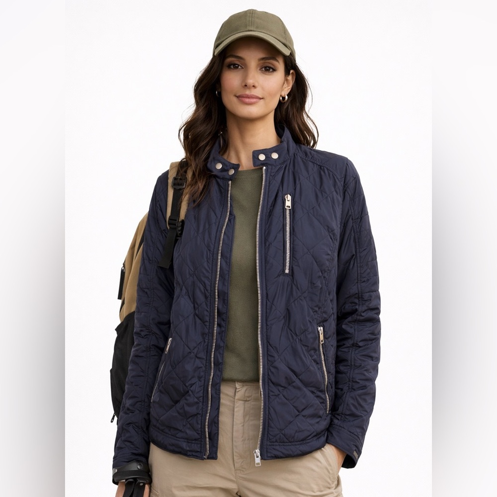 H&M Navy Quilted Lightweight Hiking Jacket Zip Front Utility Coat Sz Medium